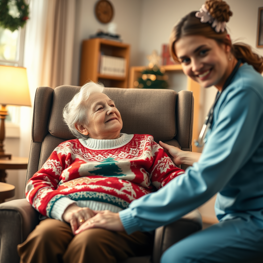 a smiling nurse providing in-home care to an elderly person sitting in a recliner. The elderly person has a look of peace on their face and is wearing a Christmas sweater and brown slacks.