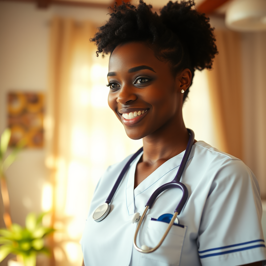 smiling African American nurse in a sunny living room